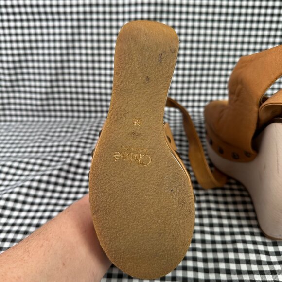 Chloe Studded Brown Leather Ankle Strap Wood Platform Clog Style Heel EU 38 - Picture 6 of 8